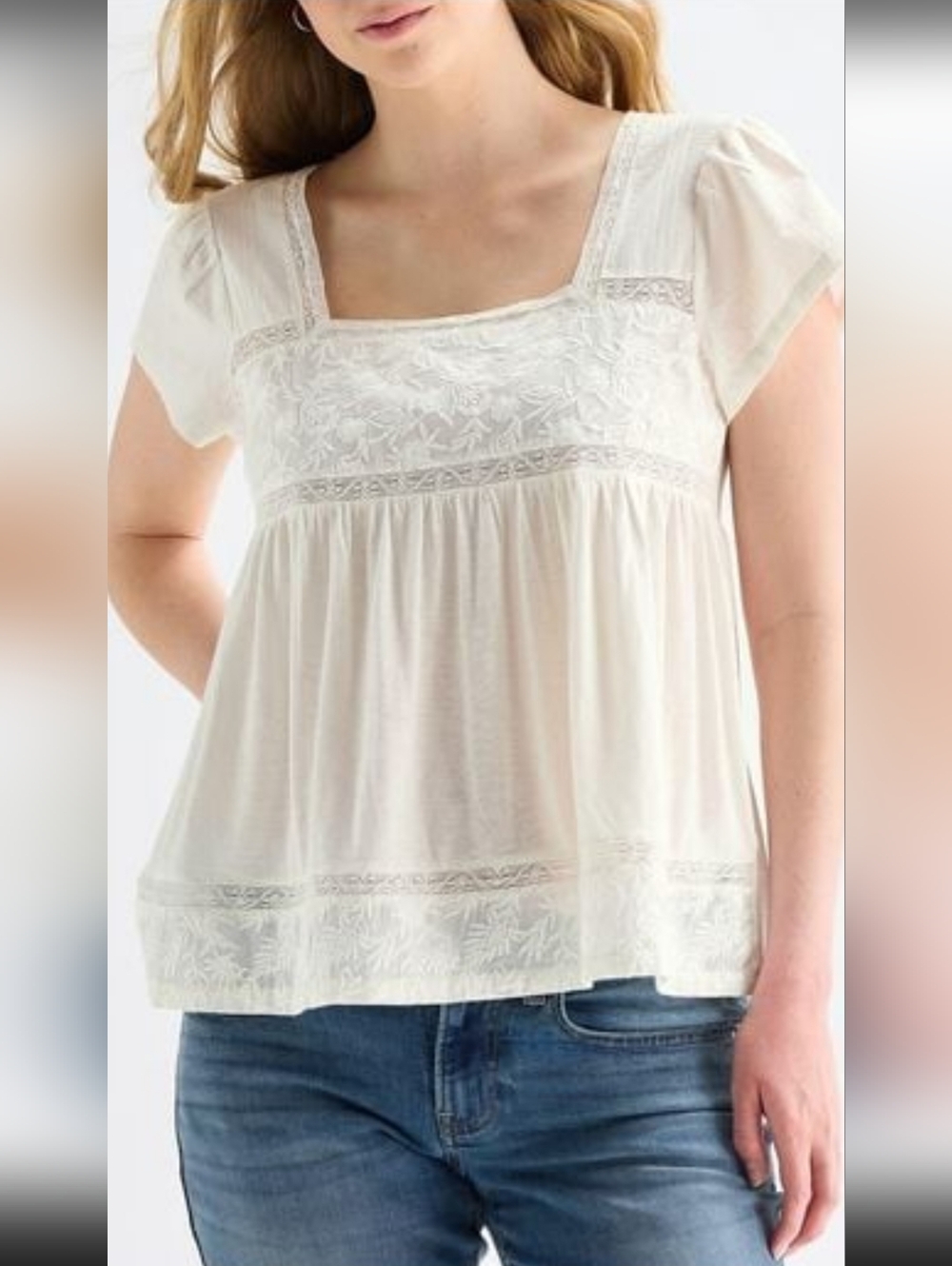 Lucky Brand Ivory Embroidered Square-Neck Blouse
